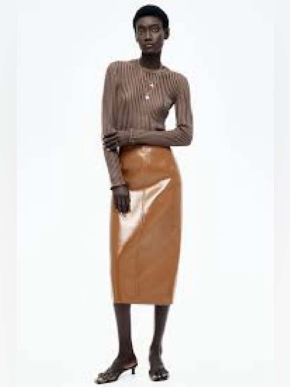 NWOT H&M Edition Brown Coated Faux Leather Pencil Skirt